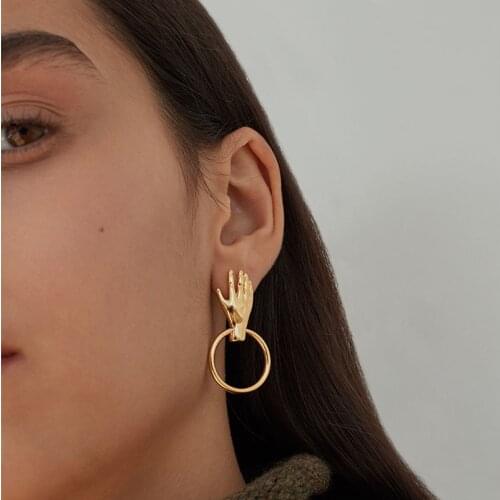 Artsy Gold Tone Palm Circle Dangle Earrings For Women 2019 Top Quality Hand Drop Earrings Femme Bijoux