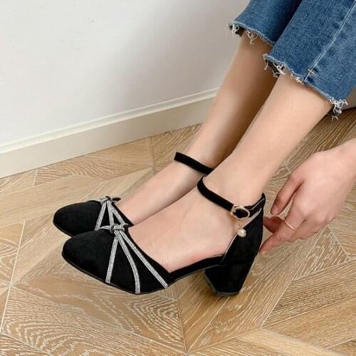 Pumps Spring and Autumn new style Round head Rhinestone Single shoes High heels Hollow Womens shoes high 5cm plus size 34-43