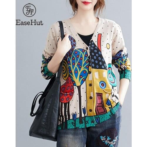 EaseHut Women Cotton Mori Girl Knitted Cardigan Vintage Print V Neck Long Sleeves Pockets Loose Sweaters Sweatshirts Casual Tops