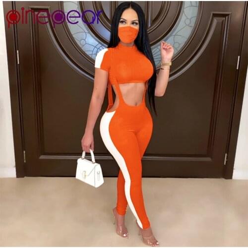 PinePear Sexy Hollow Out Patchwork Rompers Womens Jumpsuit + Crop Top 2 Piece Club Outfits with Mask 3 Pieces Sets Wholesale