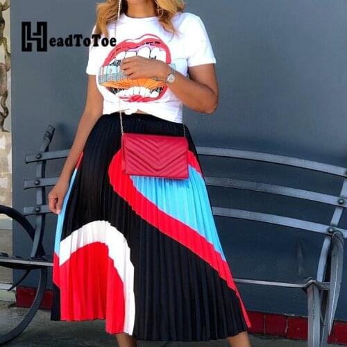 Lips Print Short Sleeve Summer T Shirt Tops & Colorblock Pleated Midi Skirts Set Casual Summer Women 2 Piece Set