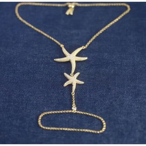 SOELLE Fashion Real 925 Sterling Silver Double Starfish Fine Bracelet Micro Zircon CZ Women Adjustable Hand Back Chain Jewelry