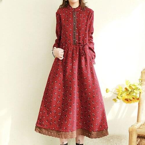 Women Cotton Linen Casual Dresses New Arrival 2021 Spring Vintage Stand Collar Lace Loose Female Long Dress Women Clothing