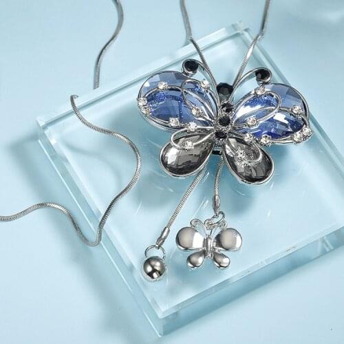 Long Necklaces Women Silver Sweater Chain Butterfly Pendant Necklace Korean Style Crystal Choker Fashion Jewelry 2019