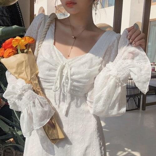 Women Dresses 2021 Retro Flared Sleeves Square Neck Drawstring Waist Chiffon Dresses Korean Party Dinner Elegant Mididress