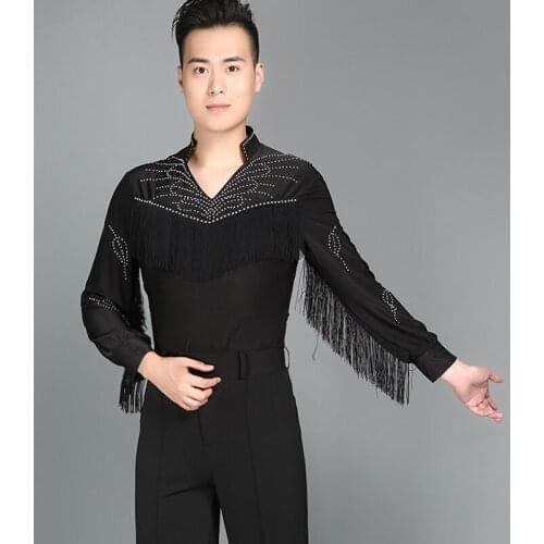 2018 Elegant Latin Dance Tops for Male Black tassel Crystal cotton Shirt Men Ballroom Competitive Wedding Party Tops Wears