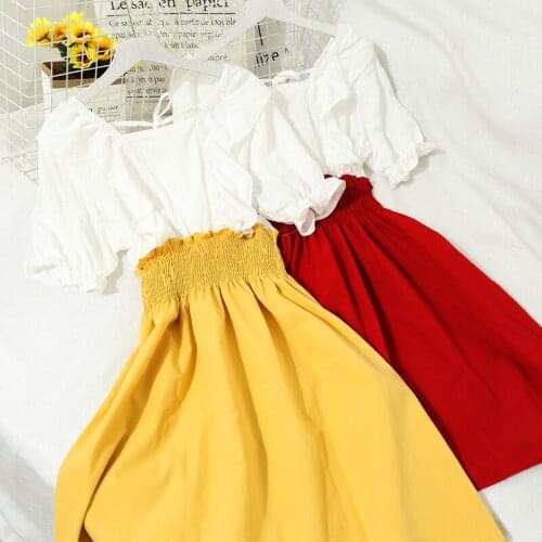 2021 Summer Square Collar Puff Sleeve Women Bandage Strap Pleated Dress Lady Elastic Slim Waist Pullover Chic Party Midi Dress