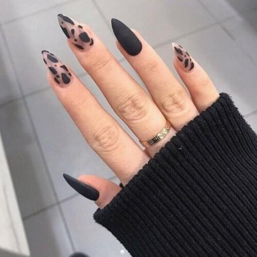 24PCS Set Black Leopard Designs Acrylic Stiletto Full Cover Long Fake Fingernail Glue on Nails JP1584-B1