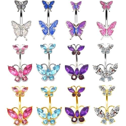 Shiny Double Butterfly Glass Belly Button Ring Trends Exquisite Navel Ring Piercing Belly Ring Umbilical Piercing Jewelry Gift