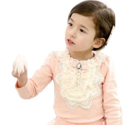 2019 Spring Sweet Baby Girls Lace Flower Blouse Kids Fashion Bow Tops Tees Cotton Shirts Toddler Children Casual Clothes