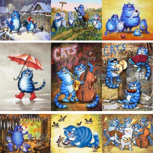 FSBCGT Animal Painting By Number Blue Cats and Birds Drawing On Canvas Hand Painted Pictures By Number Cartoon Art Holiday Gifts