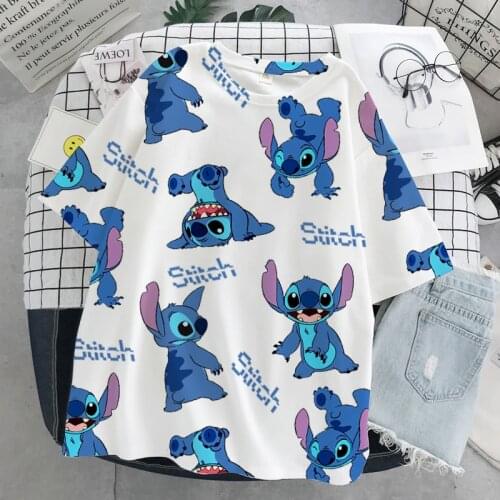 Disney Stitch T-shirt ladies summer cartoon top T-shirt fashion men and women with the same white T-shirt bottoming hot sale