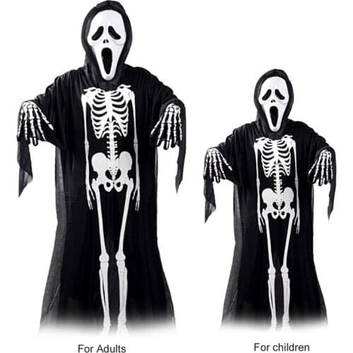 Halloween Horror Skull Bone Skeleton Cosplay Costume Scary Robes Gloves Dress Ghost Clothes Holiday Party Suit Adult Children