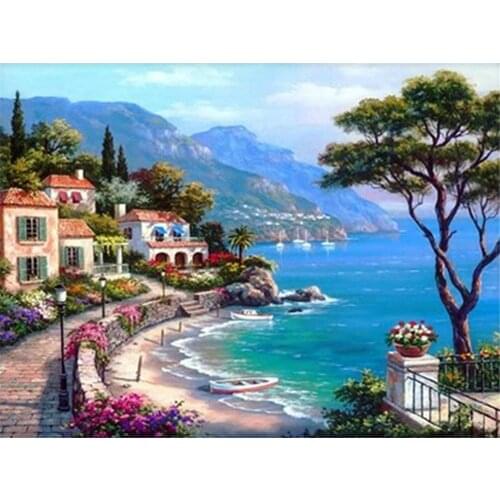 Landscape Town Seaside Printed Water-Soluble Canvas 11CT Cross-Stitch DIY Embroidery Patterns DMC Threads Wholesale
