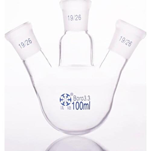 Three-necked flask oblique shape,with three necks standard grinding mouth,Capacity 100ml,Middle joint 19/26,lateral joint 19/26