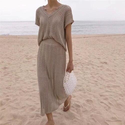 Summer Woman 2 Piece Sets Matching Long Skirts High Waist Knitting Casual Fashionable Elegant Suits