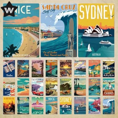 Metal Poster City Vintage Tin Sign Sydney Japan Tin Plaque Metal Stickers Cityscape Tinplate Landmark Metal Signs for Club Decor