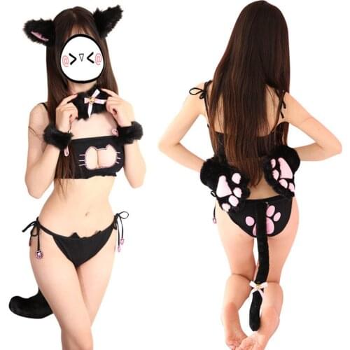 Lolita Cute Costumes Uniform Role Play Erotic Temptation Maid Bell Pajamas Women Sexy Cat EarsTail Gloves Cosplay Lingerie Set