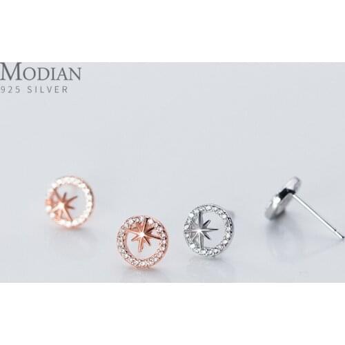 Modian Simple Star Shining Zircon Round Circle Stud Earring for Women 925 Sterling Silver Geometric Ear Pin Fine Jewelry Brincos