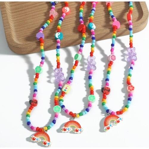 Vedawas Trendy Rainbow Flower Beaded Necklace for Women Bohemian Acrylic Pearls Colorful Bear Butterfly Pendant Necklace Gifts
