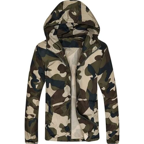 Mens Jacket Camouflage Print Windbreaker Zipper Casual Outwear M-Xxxl Long Sleeve Hood Fashion Windproof Comfortable