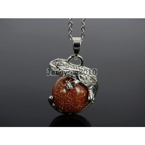 Natural Gold Sand Gems Stone Round Ball Chakra Healing Lizard Pendant Necklace Beads Healing Jewelry Design 10Pcs/Pack