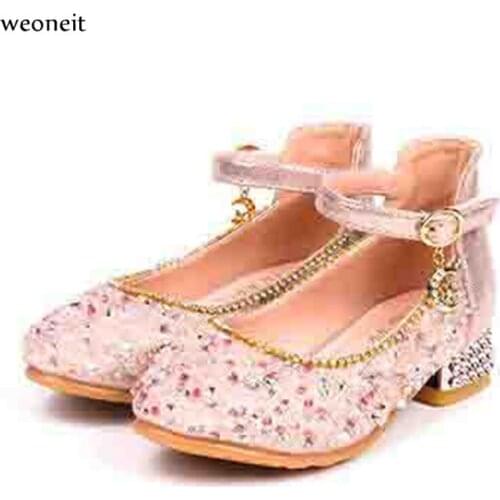 Weoneit New Autumn Girls Wedding Party Leather Shoes Crystal Princess Shoes Kids Girls Performance Shoes Black Pink CN 28-34