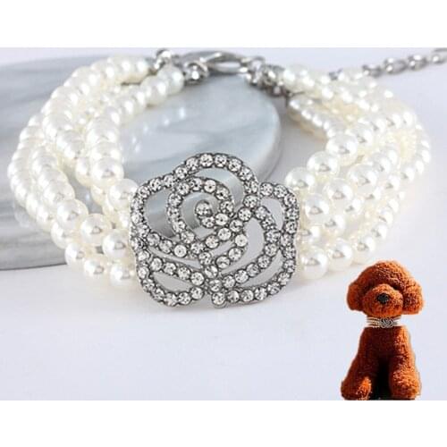 Dog Cat Four Rows of Pearls Necklace Collar Lovely Rose Flower Charm Pet Dog Jewelry Accessories for Girl Dogs Cats