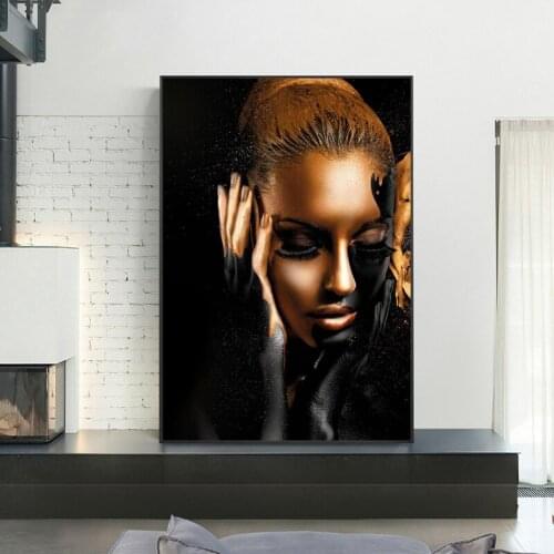SELFLESSLY ART Black Gold African Sexy Woman Modern Nordic Posters Beauty Art Scandinavian Wall Art for Living Room Home Decor