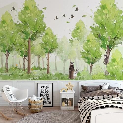 Custom Photo 3D Hand Painted Forest Green Tree Bird Mural Kindergarten Children Room Bedroom Home Decoration Wallpaper Murals