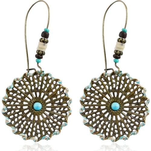 Bohemia Round Carved Drop Earrings Alloy Rhinestone artificial gem earrings for women Fashion Jewelry Gift Gypsy Brincos Aretes