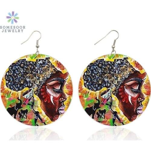 SOMESOOR Afro Tribal Ethnic Art Headwrap Woman Wood Drop Earrings African Motherland Map Both Sides Printing Dangle Jewelry Gift