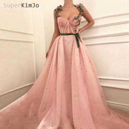 SuperKimJo Embroidery Flowers Prom Dresses 2020 Beaded Pink Elegant A Line Prom Gown Gala Dress Vestido Formatura