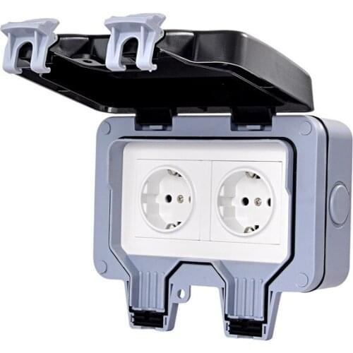IP66 Weatherproof Waterproof Outdoor Wall Power Socket 16A Double EU Standard Electrical Outlet Grounded AC 110~250V