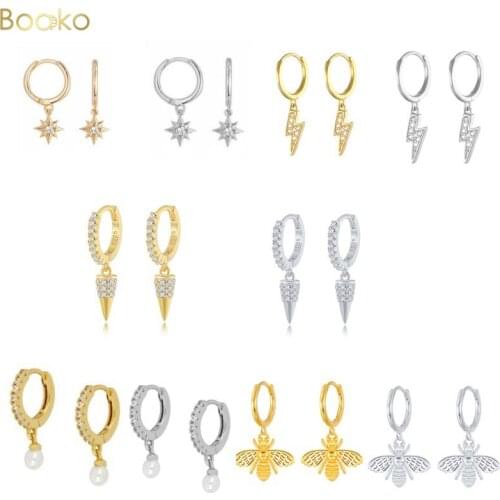 BOAKO 925 Sterling Silver Bee/Pearl/Lightning Pendientes Hoop Earrings for Women Brincos Round Zircon Jewelry Kolczyki Earrings