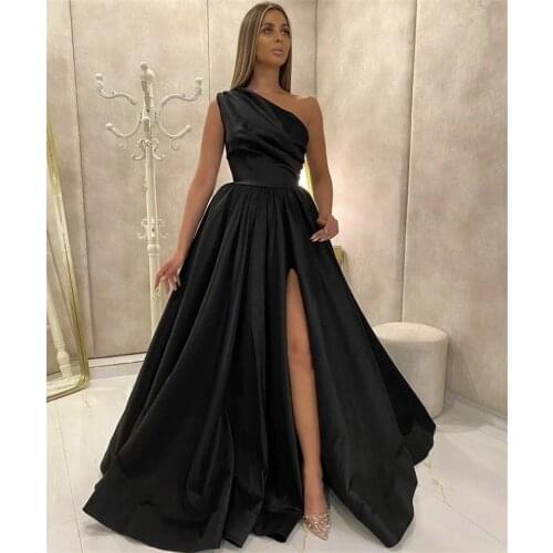 2021 Sexy Balck Prom Dresses A-Line Side Slit Satin With Zipper Back One-Shoulder Split Long Evening Dresses Robe De Soiree