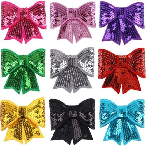Large Sequin Bows Neon Bow Knot Applique Embroidery Boutique Hair Ribbon Bow girls Hair Accessories