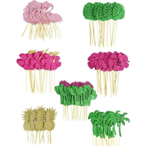 10pcs Glitter Paper Cake Topper Coconut Flamingo Cactus Flowers Leaf Cupcake Toppers Baking Decor Birthday Hawaii Party Supplies