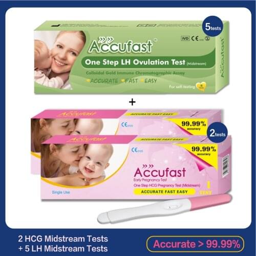 ACCUFAST 2Pcs HCG Pregnancy Test Stick + 5Pcs LH Ovulation Test Midstream One Step Early Fast Household Urine Test Midstream