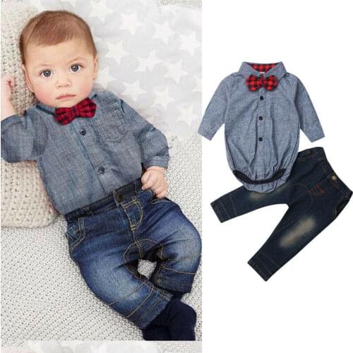 2019 Newborn Baby Clothes Toddler Baby Boy Wedding Party Prom Shirt Romper Denim Pants 2Pcs Suit Formal Outfit Gentleman Clothes