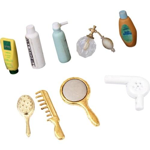9pcs 1:12 Dollhouse Bathroom Accessories Perfume Shampoo Comb Hair Dryer for Dollhouse Bathroom Decor Kids Pretend Play Toys