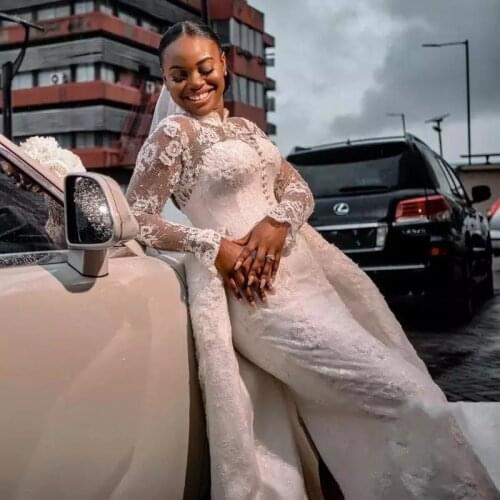 African Nigeria Mermaid Wedding Dresses Detachable Train High Neck Lace Long Sleeve Castle Wedding Gowns Plus Size