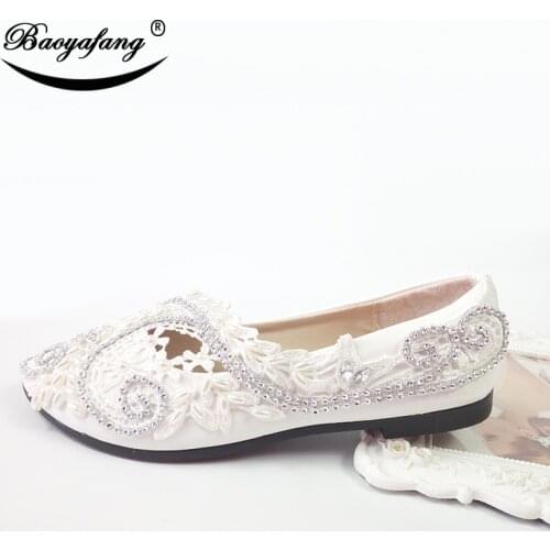 Baoyafang 2019 White wedding shoes pearl Crystal fashion sweet party shoe Womens Night Club Diamond Shoes Banquet Shoes woman