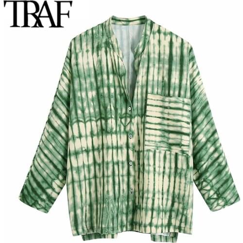 TRAF Women Fashion Oversized Printed Asymmetric Blouses Vintage Long Sleeve Pockets Female Shirts Blusas Chic Tops