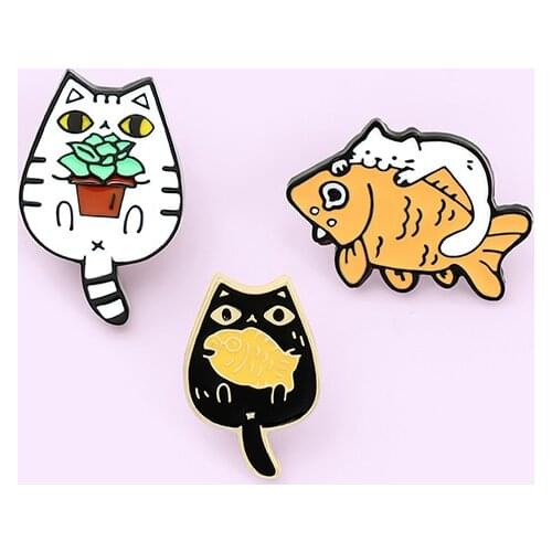 European And American Fashion Cute Cartoon Cat Goldfish Brooch Kitten Potted Personality Student Backpack School Uniform Pin Ins