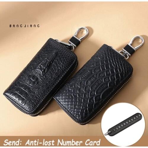 Genuine Leather Car Key Holder Case Crocodile Pattern Mens Leather Zipper Home Key Case Waist Hanging Multi-function Key Case