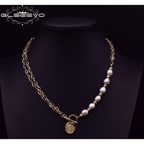 GLSEEVO Handmade Fresh Water Pearls 2 Layer Chains Asymmetry Pendant Necklace For Women Girls Bohemia Jewellery For Party GN0196