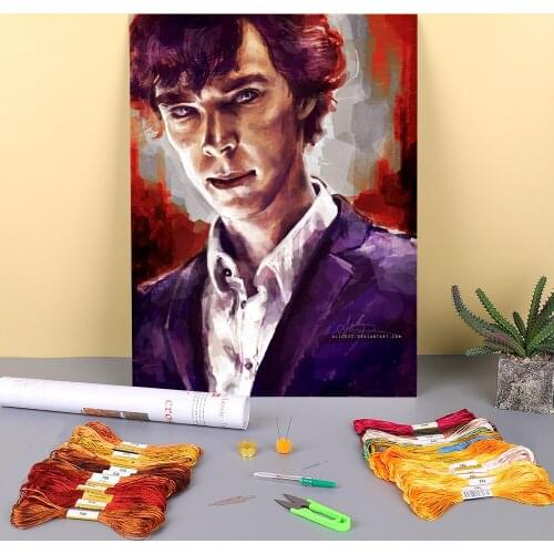 Portrait Sherlock Printed Canvas 11CT Cross Stitch DIY Embroidery Complete Kit DMC Threads Knitting Hobby Needlework Decor