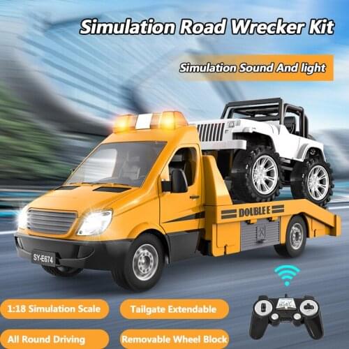 1:18 Simulation Road Wrecker Kit All Round Driving Winch linkage Towing Imitation Sound&Light Tailgate Extend Remote Control Car