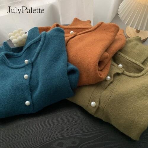 JulyPalette Vintage Pearl Button Sweater Women Cardigan Jacket Korean Solid Soft Knitted Coats 2021 Autumn Preppy Style Sweater